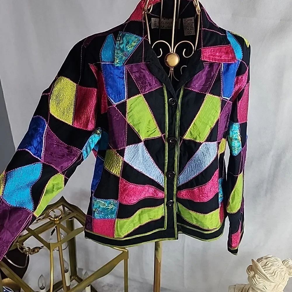 Fun! Artsy Colorful Life Style Size L Patchwork Jacket~Blazer - Picture 4 of 5